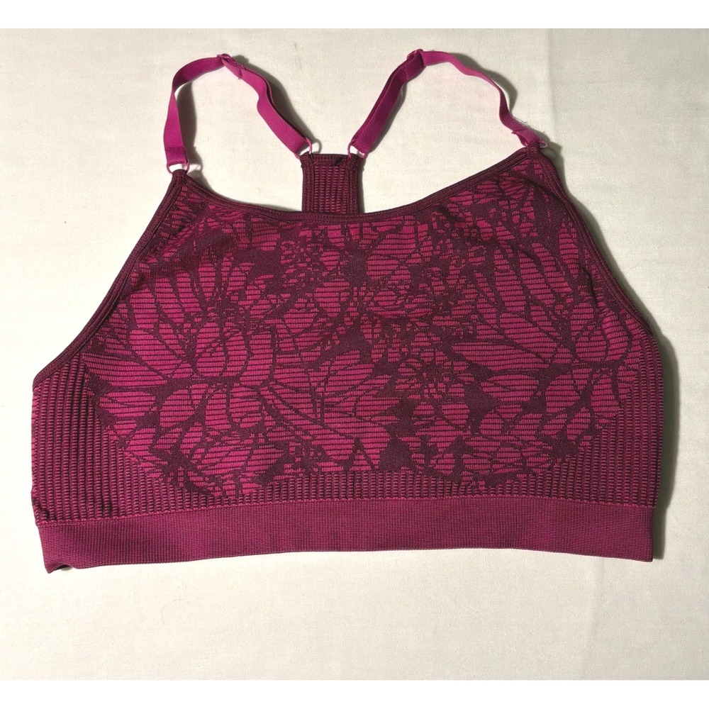 Fabletics Magenta Floral Jacquard Seamless High Neck Sports Bra Racerback